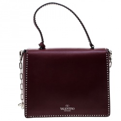 Pre Owned Valentino Burgundy Leather Studded Micro Rockstud Top handle Bag