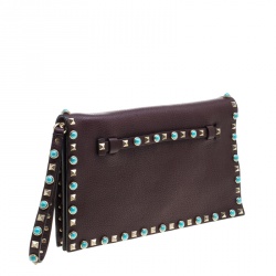 Pre Owned Valentino Burgundy Leather Rockstud Wristlet Clutch