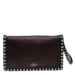 Pre Owned Valentino Burgundy Leather Rockstud Wristlet Clutch