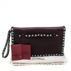 Pre Owned Valentino Burgundy Leather Rockstud Wristlet Clutch