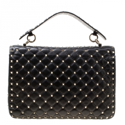 Pre Owned Valentino Black Leather Large Rockstud Top Handle Bag