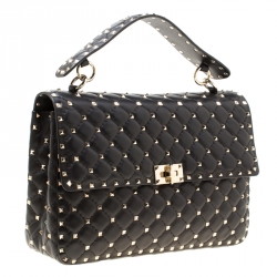 Pre Owned Valentino Black Leather Large Rockstud Top Handle Bag