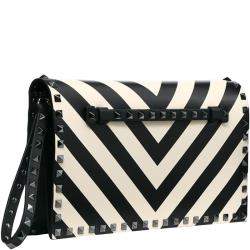 Pre Owned Valentino Light Ivory/Nero Striped Leather Rockstud Wristlet Clutch