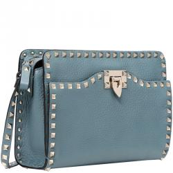 Pre Owned Valentino Sarcelle Grain Leather Medium Rockstud Crossbody Bag