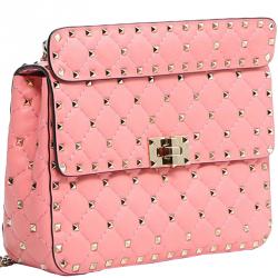Pre Owned Valentino Paradise Rose Quilted Soft Leather Medium Rockstud Spike Chain Shoulder Bag