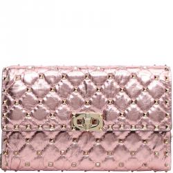 Pre Owned Valentino Lipstick Metallic Quilted Soft Leather Rockstud Spike Chain Clutch Bag