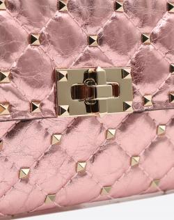 Pre Owned Valentino Lipstick Metallic Quilted Soft Leather Rockstud Spike Chain Clutch Bag