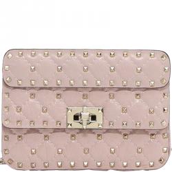 Pre Owned Valentino Water Rose Quilted Soft Crackle Leather Small Rockstud Spike Chain Shoulder Bag