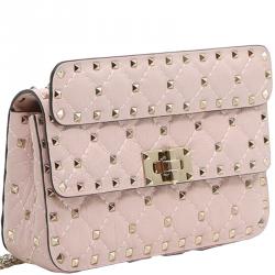 Pre Owned Valentino Water Rose Quilted Soft Crackle Leather Small Rockstud Spike Chain Shoulder Bag