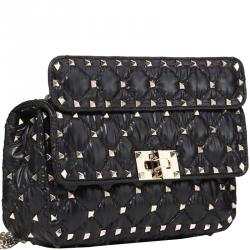 Pre Owned Valentino Black Moncler Quilted Nylon Small Rockstud Spike Chain Shoulder Bag