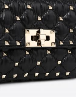 Pre Owned Valentino Black Moncler Quilted Nylon Small Rockstud Spike Chain Shoulder Bag