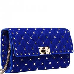 Pre Owned Valentino Acid Bluette Quilted Velvet Rockstud Spike Chain Clutch Bag