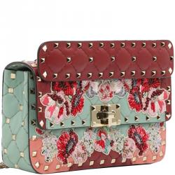 Pre Owned Valentino Multicolor Quilted Leather Embroidered Floral Patch Embellishments Small Rockstud Spike.It Chain Shoulder Bag
