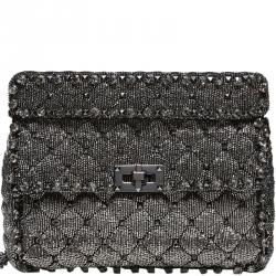 Pre Owned Valentino Black Quilted Ombre Beaded Embroidered Medium Rockstud Spike Chain Shoulder Bag