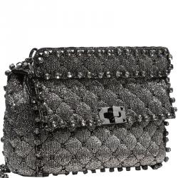 Pre Owned Valentino Black Quilted Ombre Beaded Embroidered Medium Rockstud Spike Chain Shoulder Bag