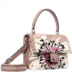 Pre Owned Valentino Poudre Quilted Leather Anemone Flower Intarsia Candystud Top Handle Bag