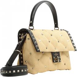 Pre Owned Valentino Naturale/Nero Quilted Raffia and Leather Candystud Top Handle Bag