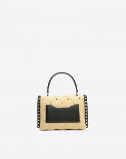 Pre Owned Valentino Naturale/Nero Quilted Raffia and Leather Candystud Top Handle Bag