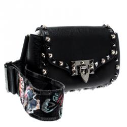 Pre Owned Valentino Black Leather Guitar Rockstud Rolling Belt Bag