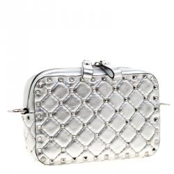 Pre Owned Valentino Silver Soft Leather Rockstud Spike Crossbody Bag