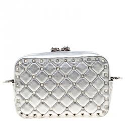 Pre Owned Valentino Silver Soft Leather Rockstud Spike Crossbody Bag