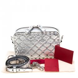 Pre Owned Valentino Silver Soft Leather Rockstud Spike Crossbody Bag