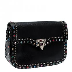 Pre Owned Valentino Black Leather Guitar Rockstud Rolling Crossbody Bag