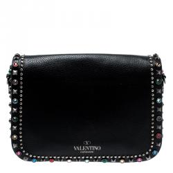 Pre Owned Valentino Black Leather Guitar Rockstud Rolling Crossbody Bag