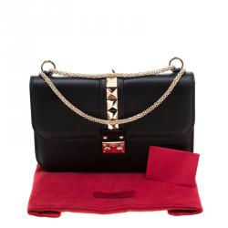Pre Owned Valentino Black Leather Glam Lock Chain Shoulder Bag