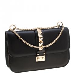 Pre Owned Valentino Black Leather Glam Lock Chain Shoulder Bag