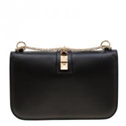 Pre Owned Valentino Black Leather Glam Lock Chain Shoulder Bag