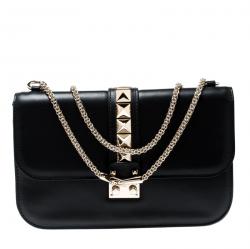 Pre Owned Valentino Black Leather Glam Lock Chain Shoulder Bag