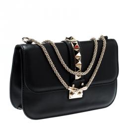 Pre Owned Valentino Black Leather Glam Lock Chain Shoulder Bag