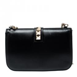 Pre Owned Valentino Black Leather Glam Lock Chain Shoulder Bag