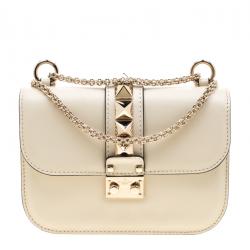 Pre Owned Valentino Light Ivory Leather Small Glam Lock Chain Shoulder Bag