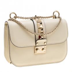 Pre Owned Valentino Light Ivory Leather Small Glam Lock Chain Shoulder Bag