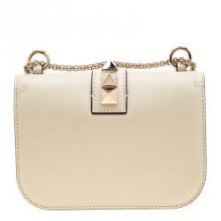 Pre Owned Valentino Light Ivory Leather Small Glam Lock Chain Shoulder Bag