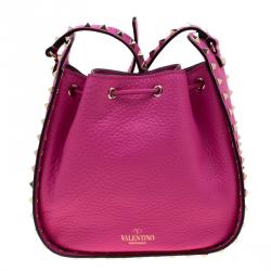 Pre Owned Valentino Pink Orchid Leather Rockstud Bucket Bag