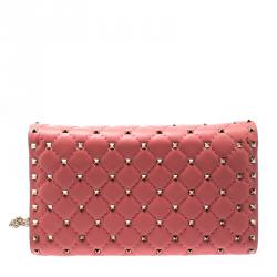 Pre Owned Valentino Paradise Rose Quilted Soft Leather Rockstud Spike Chain Clutch Bag