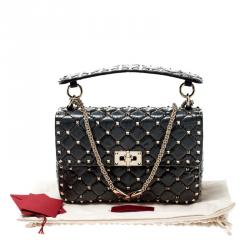 Pre Owned Valentino Black Quilted Coated Fabric Medium Rockstud Spike Chain Shoulder Bag
