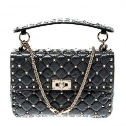 Pre Owned Valentino Black Quilted Coated Fabric Medium Rockstud Spike Chain Shoulder Bag