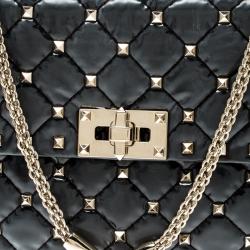Pre Owned Valentino Black Quilted Coated Fabric Medium Rockstud Spike Chain Shoulder Bag