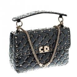 Pre Owned Valentino Black Quilted Coated Fabric Medium Rockstud Spike Chain Shoulder Bag