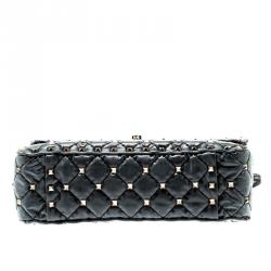 Pre Owned Valentino Black Quilted Coated Fabric Medium Rockstud Spike Chain Shoulder Bag