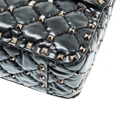 Pre Owned Valentino Black Quilted Coated Fabric Medium Rockstud Spike Chain Shoulder Bag