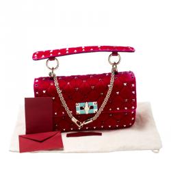 Pre Owned Valentino Disco Pink Quilted Velvet Rockstud Spike Chain Shoulder Bag