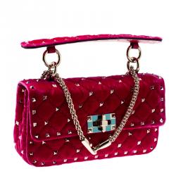 Pre Owned Valentino Disco Pink Quilted Velvet Rockstud Spike Chain Shoulder Bag