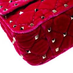 Pre Owned Valentino Disco Pink Quilted Velvet Rockstud Spike Chain Shoulder Bag