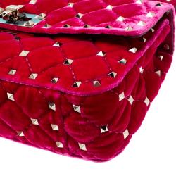 Pre Owned Valentino Disco Pink Quilted Velvet Rockstud Spike Chain Shoulder Bag