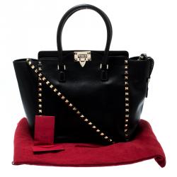 Pre Owned Valentino Black Leather Rockstud Trapeze Double Handle Bag